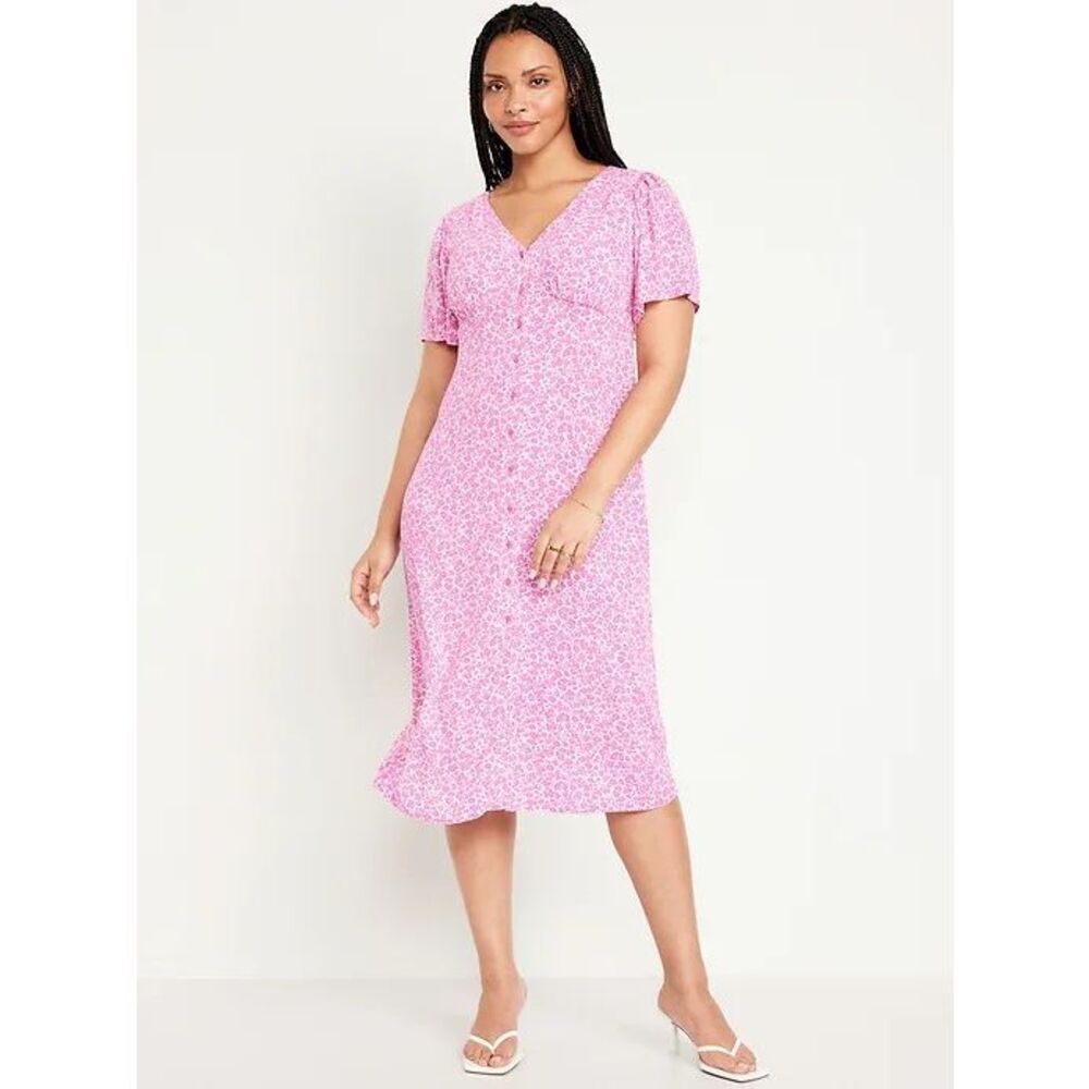 Old Navy Waist-Defined Midi Dress XL White Pink Floral V-Neck Short Flutter Slee